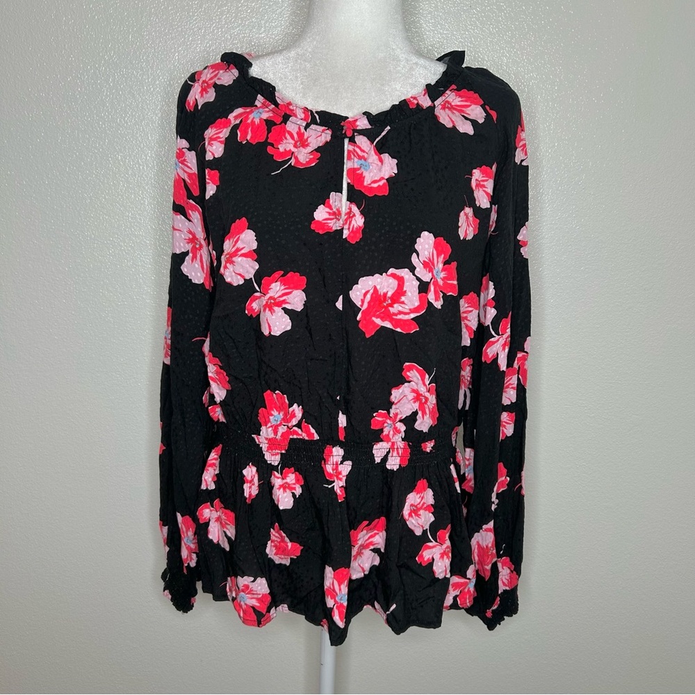 New Popsugar Womens Black & Red Floral Long Sleeve Top. Louse Size XL NWT
